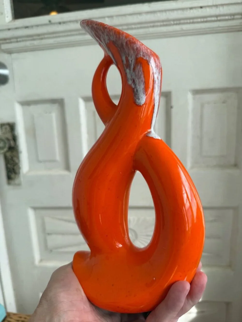 Vintage MCM Orange Drip Pottery Serpentine Abstract Modernist Vase